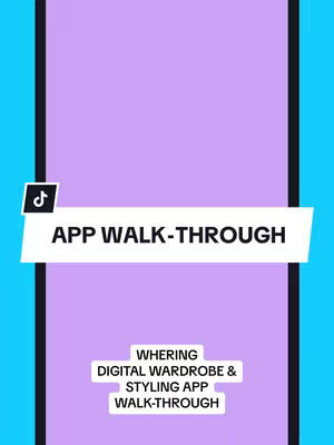 The cover image is a vertical graphic with a gradient blue background on the sides and a central purple rectangle. Overlaid on it is a white banner with the text "APP WALK-THROUGH" in bold, black letters. At the lower section, a white rectangle contains the app's name and description in a smaller font size. A black TikTok icon with a white outline is present in the top left corner.