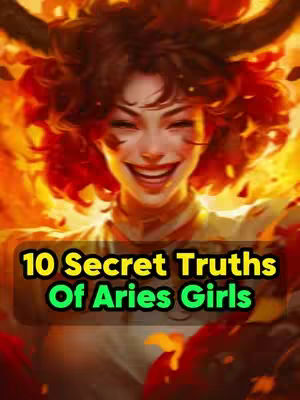 The image features a digital illustration of a woman with fiery red hair and a smiling expression against a warm, orange-toned background. The woman, shown from the chest up, is the central focus, with her face capturing the viewer's attention. Behind her, the background suggests flames or a fiery glow, enhancing the warmth and energy of the composition. In the foreground, a text overlay in a large, bold font reads '10 Secret Truths Of Aries Girls', set within a rectangular box for emphasis.