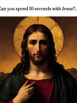 The image features a classical painting of Jesus Christ. He is centrally positioned, gazing directly at the viewer with a serious, introspective expression. He has long, brown hair and a beard. A golden halo encircles his head, and he wears a red garment underneath a dark cloak. The background is a gradient of warm, earthy tones, with the image evoking a sense of reverence and biblical symbolism.