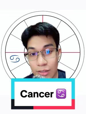 A man with glasses is centered in the frame, superimposed over a zodiac wheel diagram. Below the man, a rectangular element features the word 'Cancer' with the Cancer zodiac symbol.