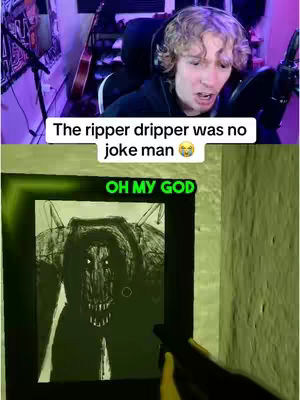 The cover image is split into two sections. The upper part shows a young man with curly blonde hair, wearing a dark hoodie and headphones, appearing to react with a wide-eyed, open-mouthed expression. The background suggests a room with a microphone and a guitar. The lower part displays a screenshot from a horror game with an eerie, shadowy illustration of a monster labeled "OH MY GOD."