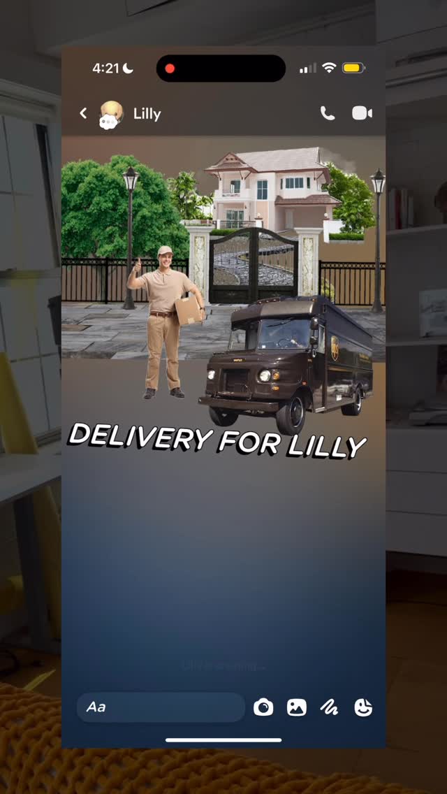The cover image shows a screenshot of a messaging interface from a phone. The background has a blue gradient. In the center, a composite image shows a UPS delivery truck, a house behind a gate, and a man in a UPS uniform holding a package. The text overlay reads 'DELIVERY FOR LILLY' in a bold, white font.