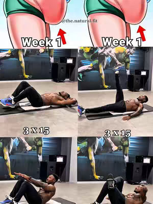 The cover image is a collage showing a progression of fitness exercises. The top section features an illustration of a person's glutes with exaggerated visual changes, indicating before-and-after. The lower section presents four different frames of a man performing sit-ups and leg raises within what appears to be a gym setting. In the background, there are wall murals.