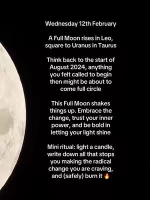 The cover image is a stark, minimalist composition featuring a bright, luminous full moon on the left side against a dark, possibly black, background. Positioned to the right of the moon is white text presented in a vertical format. The text forms the main content, offering astrology-related information and a mini ritual suggestion.