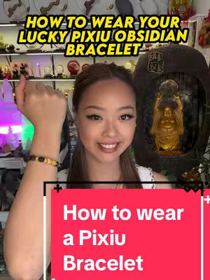 A young woman with light brown hair and a bright smile is the central figure. She faces the camera, wearing a white top, and holds up her left arm, displaying a golden and black bracelet. The background is composed of shelves filled with various decorative items and figurines, creating a cluttered yet colorful setting. Overlay text in yellow and red adds to the image's informative intent.