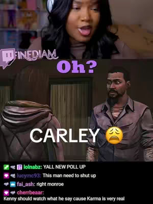 The cover image is a split composition. The top half features a woman with dark hair, wearing headphones, and making a surprised facial expression. The bottom half shows a screenshot from a video game, displaying two characters: one from the back with a brown jacket and one with a concerned face.