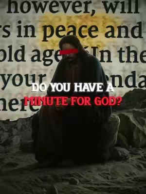 The image shows a person in dark robes, perhaps a biblical figure, kneeling or seated. The background is a textured, aged surface with faded text. Overlaid on the image is a text hook with a call to action.