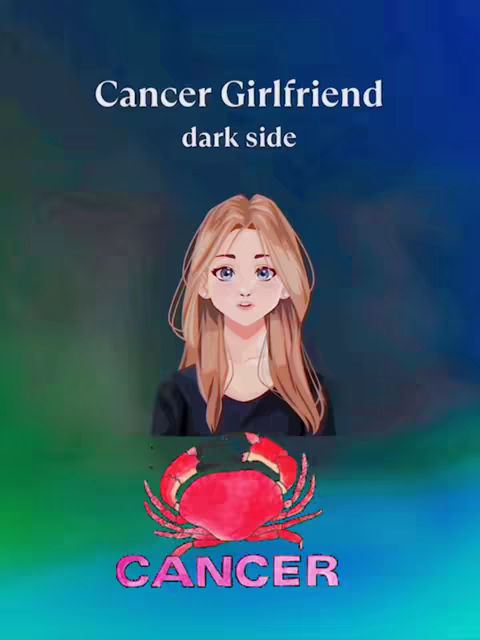 An animated illustration featuring a light-skinned woman with long, light-brown hair and blue eyes. The image is set against a gradient background of blue and green with an additional red crab and the word 'CANCER' written at the bottom. Text overlayed reads 'Cancer Girlfriend dark side'.