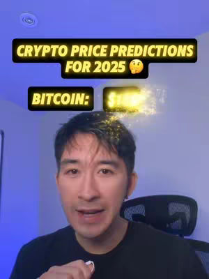 A man is in the foreground, giving a presentation on crypto predictions. Text overlays are on the top and top left of the frame. The background is a blueish tone.