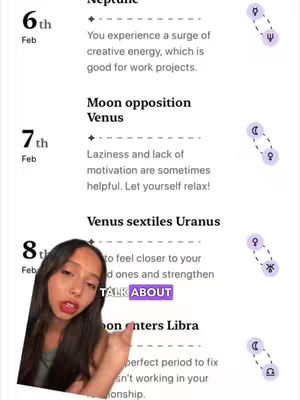 The cover image shows a woman in the lower-left corner partially overlapping a list of astrological transits, including planetary aspects, moon phases, and related text. The woman is the main point of focus and she is looking at the viewer. Accompanying text on the astrology chart are about the 6th, 7th and 8th of the month.