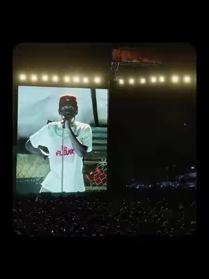 A live performance shot of a man on stage, silhouetted against a bright screen. The man is in a red cap and holding a microphone, with a graphic of an image that has the words "Le FLEUR" written on it.