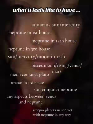 The image is a close-up of a person's face against a dark background. The text overlay on the image lists astrological aspects.