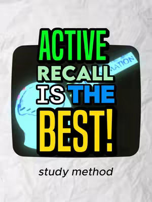 The cover image features a stylized illustration set against a mottled white and gray background. In the foreground is a black, television-like frame, within which lies a wireframe brain with radiating elements, possibly depicting thought processes. Overlaid across this brain image are large, colorful text elements in a bold font: "ACTIVE", "RECALL", "IS THE", and "BEST!". Underneath this, in a smaller font is the text: "study method". The color palette is vivid, with green, blue, and yellow text against the white and gray background.