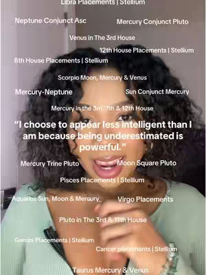 The cover image is a selfie of a woman with dark, curly hair, visible from the chest up. Text overlays her face and the background, including phrases related to astrology, such as "Libra Placements" and "Mercury Conjunct Pluto." The woman is looking directly at the camera with her mouth open, mid-speech. The background is out of focus, suggesting a domestic setting. The overall composition is a portrait with superimposed text, designed to engage viewers with the video's theme.