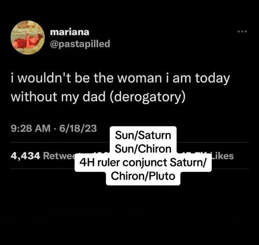 The image is a screenshot of a Twitter post on a black background. It features a profile picture, username, and timestamp, along with a text overlay. The overlaid text includes astrological references.