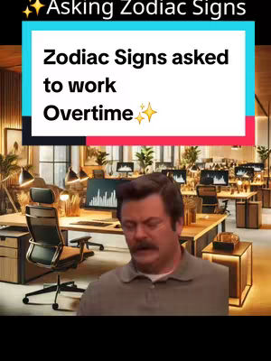 The cover image features a man with a mustache, looking down with a slightly amused expression. Above him is a colorful banner with text about zodiac signs and overtime with sparkles, set against the background of an office setting.