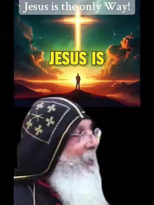 The video features a split screen. The upper portion showcases a digital illustration of a cross radiating light against a backdrop of dramatic clouds and a colorful sunset, with a silhouetted figure standing below the cross. Below, the face of a religious man is set against a black background, looking slightly upwards with a serene expression. He is wearing a traditional religious head covering and glasses, with a white beard adding to his distinguishing characteristics.