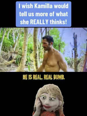 The image is a split-screen. The top half shows a man in a jungle setting. He has short dark hair and is shirtless. The bottom half features a puppet of a woman with blonde hair and red clothing, seemingly on a phone call. Overlayed on the top is a blue rectangle with white text. Below that, over the puppet, text states "HE IS REAL, REAL DUMB."