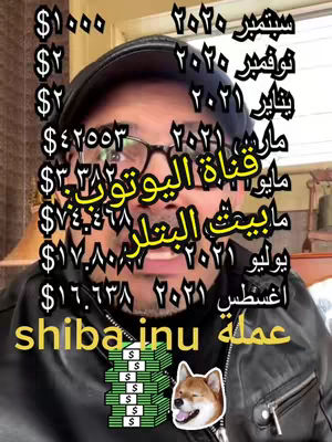 The cover image features a man wearing a black cap and glasses looking towards the camera. Overlayed on the face are multiple blocks of Arabic text and cryptocurrency price details. In the bottom right corner, a Shiba Inu logo rests above text that reads 'shiba inu عملة'.