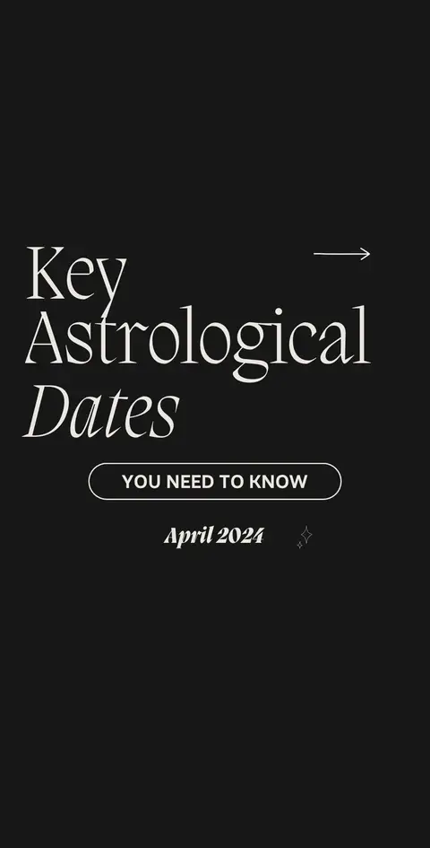 An image with a vertical layout on a black background. The main text elements include 'Key Astrological Dates' in a large, elegant white font at the top. Below, inside a white rounded rectangle, are the words 'YOU NEED TO KNOW.' At the bottom, in a lighter font, is 'April 2024'. A white arrow points right near the text 'Key Astrological Dates.'