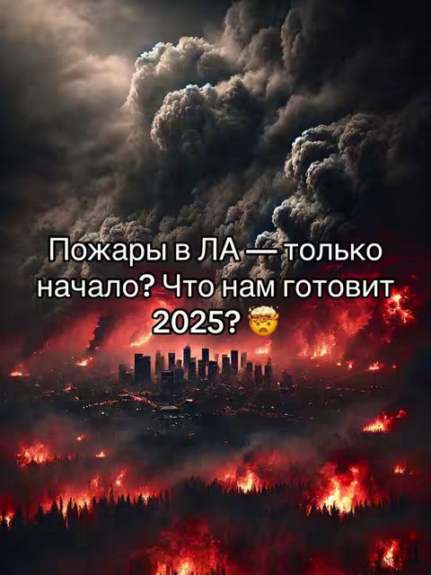 The cover image depicts a dramatic scene of a city skyline in flames. Dark, billowing smoke fills the sky, suggesting a large wildfire or disaster. The foreground shows a fiery landscape, with the city's silhouette visible amidst the inferno. Text overlays in Russian pose questions about the future, specifically the year 2025, enhancing the dramatic and ominous tone. The color scheme is dominated by reds, oranges, and blacks, with a stark and cautionary mood.
