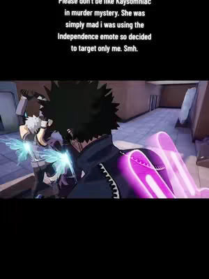 A scene from the game, showing two characters in an environment. One character is facing away, obscured by their hair, with a purple energy effect emanating from them. In the foreground, a character with blue wings faces the first character, blades of light emitting as they appear to attack. Text above the image indicates the context of the scene.