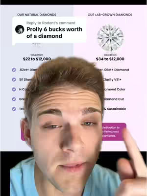 A young man is in front of a screen presenting information about diamonds and their value. He is looking directly at the camera with a slightly inquisitive expression and pointing with his right index finger towards the screen, and his left hand is out of frame. Behind him is a screen split down the middle with different data. The top half of the screen shows text and an image of a diamond, the left side showing natural diamonds and the right side lab-grown diamonds.