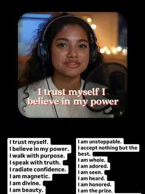 A cover image featuring a young woman wearing headphones and a microphone, set against a softly lit backdrop. Text overlays in a stylized font provide affirmations.