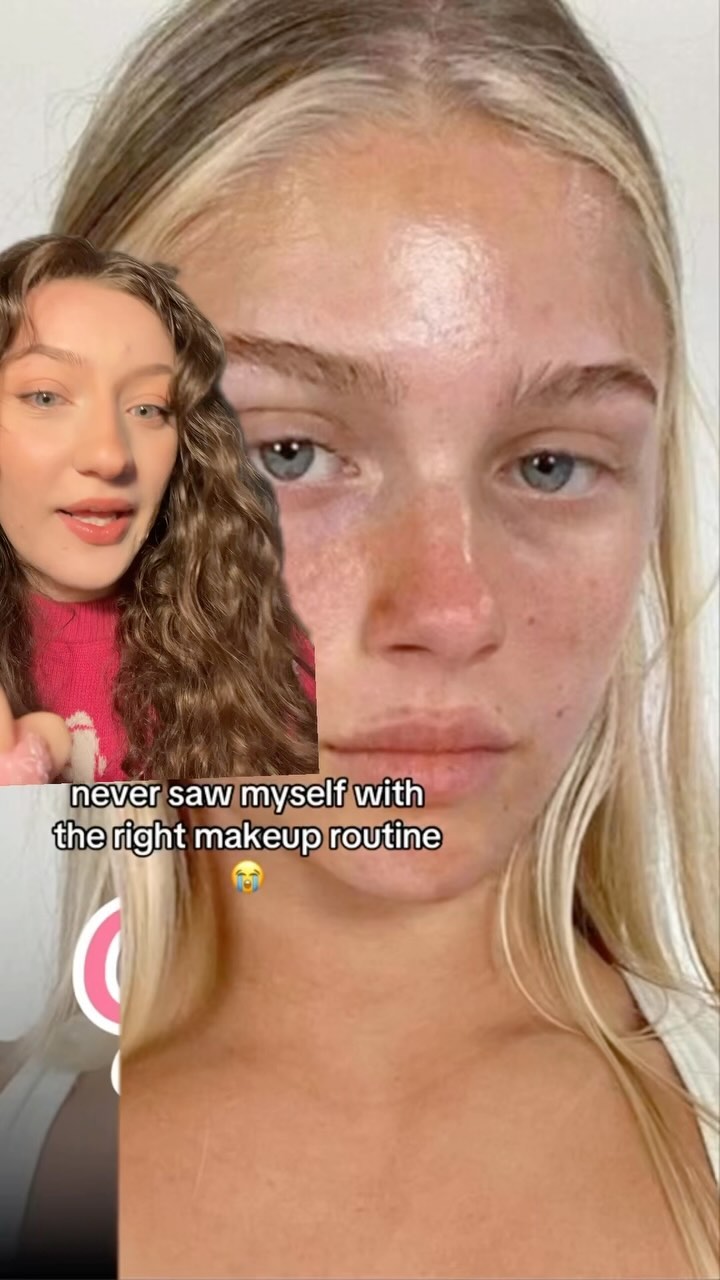 The image is a split screen. On the left, a woman with curly brown hair and a pink sweater is talking. On the right, a close-up of another woman's face shows a before/after style image. The woman on the right has blonde hair and is looking towards the camera. Text appears below the woman on the right.