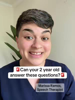 A woman with short, styled, dark hair and a blue top smiles directly at the camera. The background is minimalistic with a hint of greenery on the left. Text overlays feature a question about a child's ability to answer questions, framed by emojis and a name tag stating the speaker's profession.