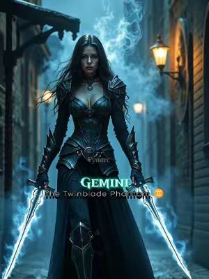 A digital artwork depicting a woman as a warrior queen standing on a cobblestone street. She wears dark armor with long black hair and holds two glowing blue swords. The background shows a dimly lit alleyway with buildings. The image has a dramatic lighting with a focus on the character, enhanced by visual effects simulating smoke or mist.