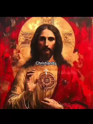 An artistic illustration featuring a portrait of Jesus Christ. He is depicted with long, dark hair, a beard, and a serene expression. He wears a cream-colored robe and a deep red garment, with ornate details. The image is set against a backdrop of warm, golden light, with the word 'Christianity' written below the figure's face. The overall composition evokes a sense of reverence and faith.