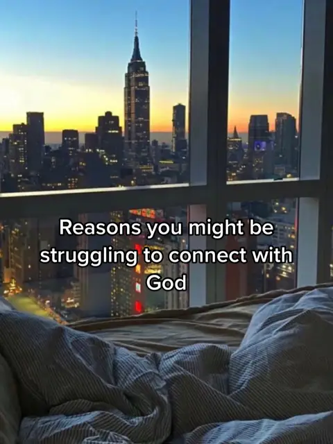 An image shows a view from a window overlooking a city skyline, including the Empire State Building. The foreground displays bedding and sheets. Text overlays the image, with the hook text at the bottom in a white font.