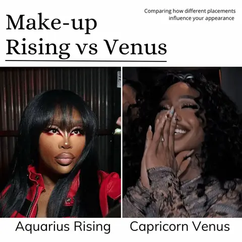 A split image comparing makeup looks with the text overlay in the upper left corner: 'Make-up Rising vs Venus'. The left side shows a person with dark hair and heavy red eye makeup, labeled 'Aquarius Rising.' The right side features another person smiling with dark hair and a different makeup style, labeled 'Capricorn Venus.'
