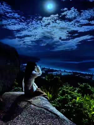 A serene night scene featuring a person sitting on a rock, silhouetted against a sky filled with clouds and illuminated by a large, bright moon. Lush greenery and a distant coastline add depth. Cool blues and greens dominate the color palette.