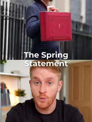 The cover image is split into two sections. The top section shows a person holding a red briefcase, likely representing Rachel Reeves. The bottom section features a man looking directly at the camera with a surprised expression. Text reading “The Spring Statement” is overlaid in white across the center of the image.