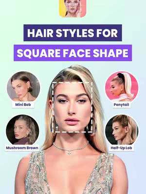 The image presents a beauty-focused infographic showcasing various hairstyles suitable for square face shapes. A central portrait of a woman with blonde hair is overlaid with a white square, indicating the face shape being addressed. Surrounding icons display different hairstyles, each labeled with text. The overall composition is clean and informative, with a cool color palette.