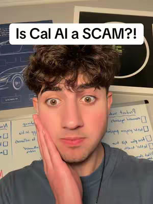 A young man with short, dark curly hair and wide eyes holds his left hand to his cheek, making a concerned expression. He stares directly forward with a somewhat worried look. Overlaid at the top is a white banner with black text that reads, "Is Cal AI a SCAM?!" The background is slightly blurred, including a whiteboard with notes and a picture.