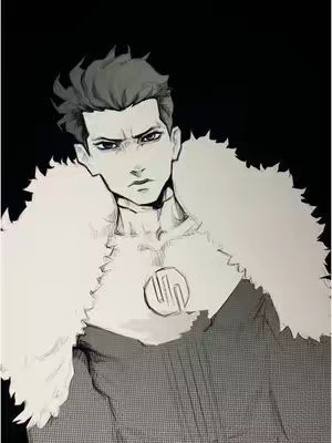 The image is a monochrome illustration of a young man. He is depicted with short, styled hair and a serious facial expression. He is wearing a dark outfit under a fluffy, white fur collar. The background is black.