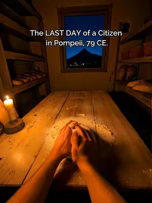 The image shows a depiction of the inside of a rustic kitchen or storage room. A wooden table dominates the foreground, with a pair of hands kneading dough in the center. To the left, a lit candle casts a warm glow, while in the background, a window frames a dark, night-time landscape with a mountain silhouetted against the sky. Shelves, presumably for storage, line the walls.
