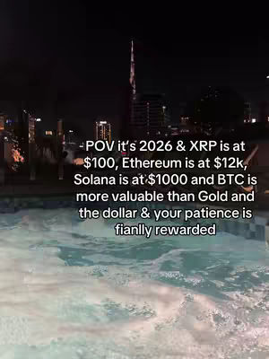 An image of a rooftop pool at night with city lights in the background. The water in the pool is a light blue, with text overlaid describing future value of crypto currencies.