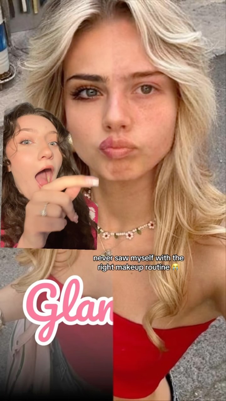 The image is a split-screen showing a woman's face, one side with makeup and the other without. A smaller image overlay shows a woman pointing with her tongue out. Text overlays are present in different areas.
