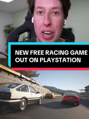 A man with short brown hair is centered in a selfie-style shot. He wears white earbuds and looks directly at the camera with an expression. A colored bar is positioned at the bottom, which includes a scene of three racing cars on a track. The background is blurred, suggesting an environment with greenery.