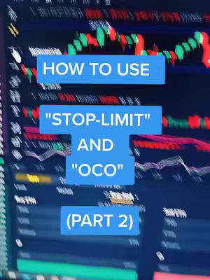 The cover image for the video is a vertical shot focusing on a computer screen displaying what appears to be financial trading charts with red and green candlesticks, indicating market activity. Overlaid on this background are three blue rectangular boxes containing white text: 'HOW TO USE', 'STOP-LIMIT" AND "OCO", and '(PART 2)'. The layout emphasizes the tutorial nature of the video, utilizing a clear and informative structure. The color scheme is dominated by the cool tones of the blue boxes set against the darker background of the trading screen.