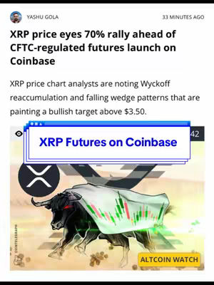 The cover image is a screenshot of a news article. A stylized image depicts a bull with a cape adorned with red and green candlestick charts. Behind the bull, a silver XRP logo is visible. A text box overlay reads "XRP Futures on Coinbase".