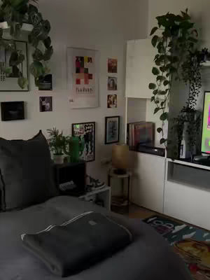 The image shows a cozy bedroom setting with a bed covered in a gray duvet and a folded blanket. The walls are adorned with framed artwork and plants, with a side table holding a lamp. The lighting suggests a focus on interior design and ambiance.