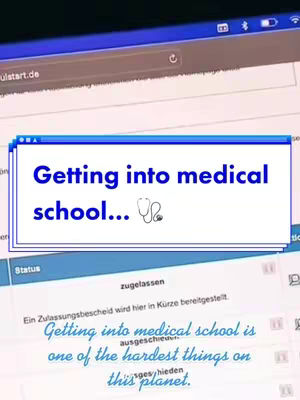 The cover image shows a laptop screen displaying a website related to medical school applications. Overlaid on the screen is a blue box with white text that reads, 'Getting into medical school...'. A small stethoscope icon is present on the right of the text. Below the box, more text is visible, discussing the difficulty of getting into medical school. The background suggests a digital interface with text and buttons.