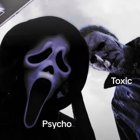 A dark, stylized image featuring two figures associated with horror. On the left, a person wearing the iconic mask from the 'Scream' franchise is visible. To the right, a figure based on Michael Myers from the 'Halloween' series is partially visible, with his mask showing. Text overlays identify the figures.
