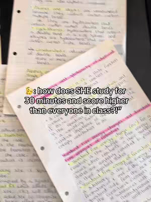The image shows a close-up of several pages of handwritten notes, with notes and diagrams, and highlighting and annotations. The main focus is on a page with the text overlayed about how a person studies for 30 minutes and scores higher than everyone else.