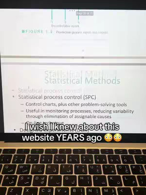A laptop is open, displaying what seems to be a study guide related to statistical methods. A text overlay reads "I wish I knew about this website YEARS ago" accompanied by emoji. The laptop keyboard is visible in the foreground.